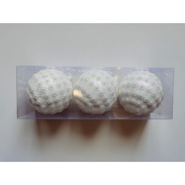 Set 3 globuri decorative de Craciun, plastic, alb cu perle, 8 cm