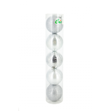 Set 5 globuri decorative de Craciun, plastic, argintiu, 8 cm